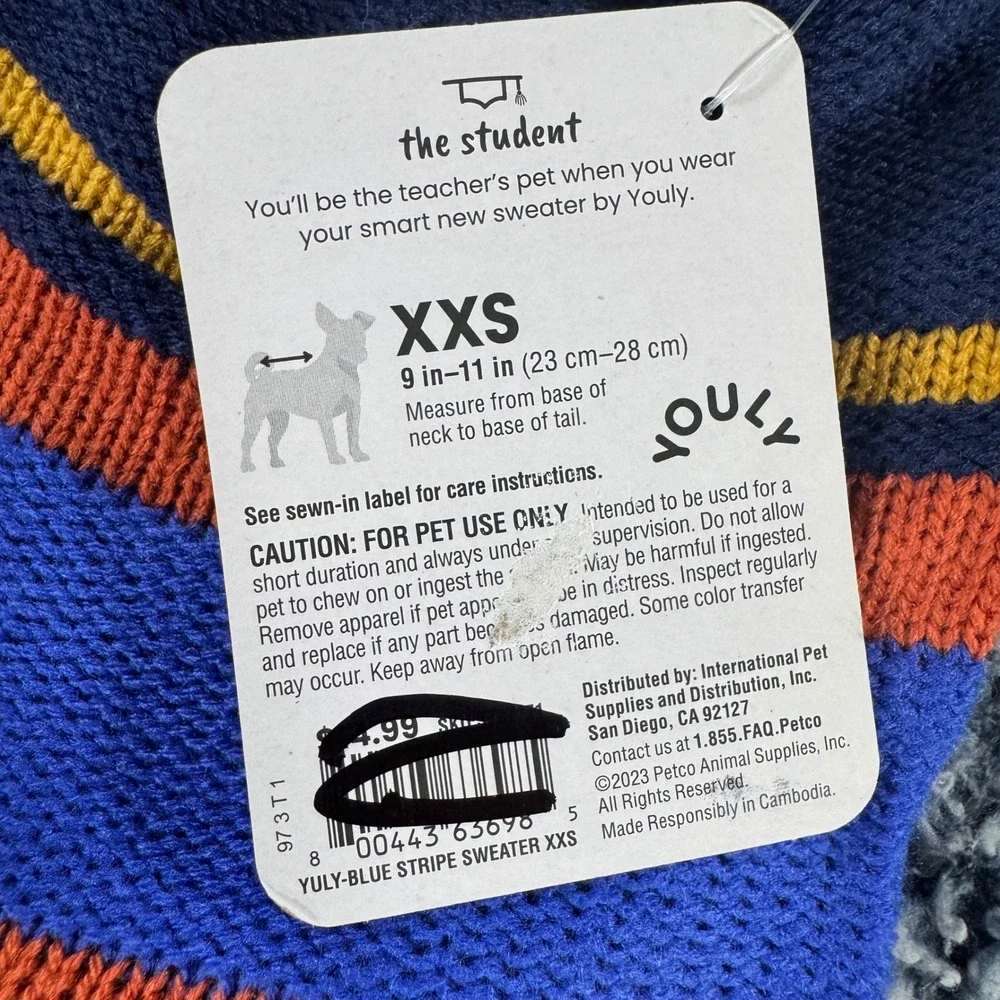 Youly The Student Pet Sweater Navy Blue Orange Striped Knit XXS Small Dog Cat